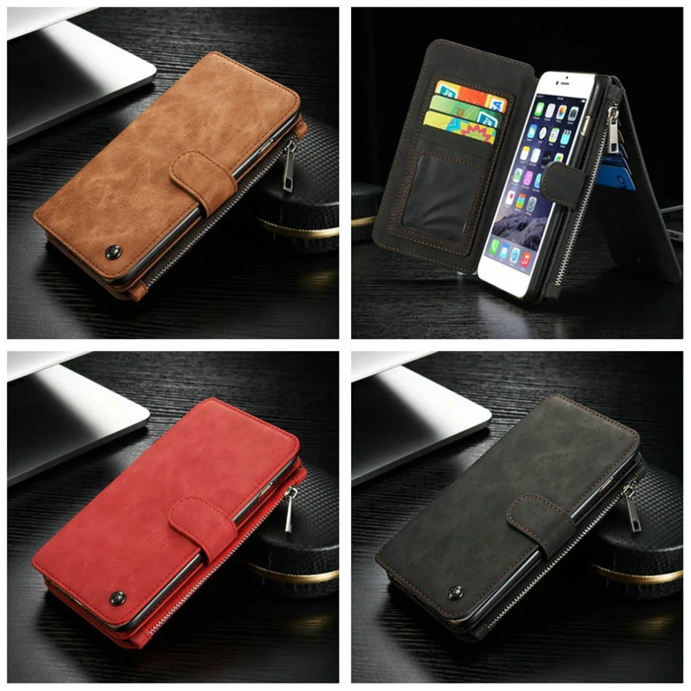 For IPhone 6 4 7 Inch Multi functional Genuine Leather Case Cover Bulit in 14 Zipper