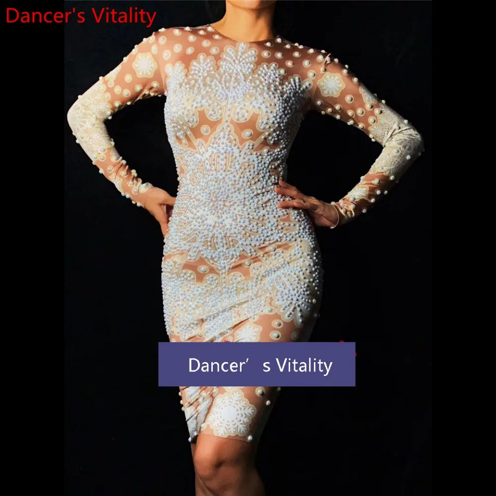 

Women Singer Host Snow Bead Slim Fit Elastic Short Evening Dress Stage Wear Adult Pole Jazz Dance Outfits Performance Costume