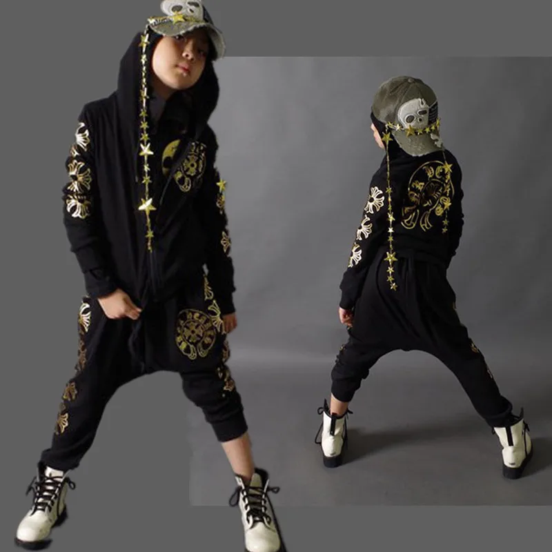 

Fashion Spring Autumn 4-14Y Children's Clothing Set Gold G luoxing Print kids Sport Suits Hip Hop harem pant & sweatshirt Black