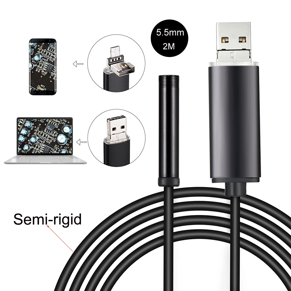 2M Semi Rigid USB Endoscope 0.3MP Borescope 5.5mm Probe Camera