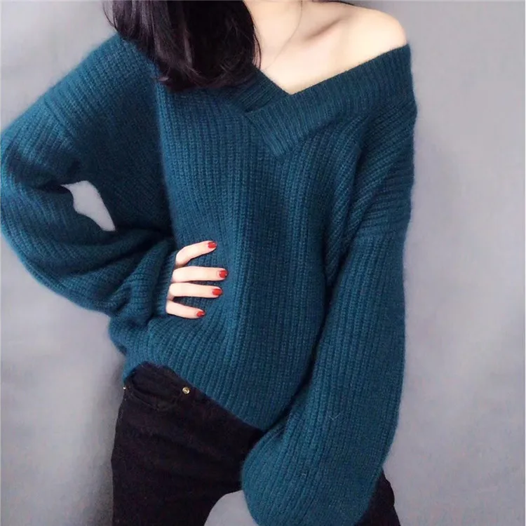 Heyezui модный свитер женский осенний корейский стиль с рукавом-фонариком свободные утолщенные глубокий v-образный Вырез Вязание