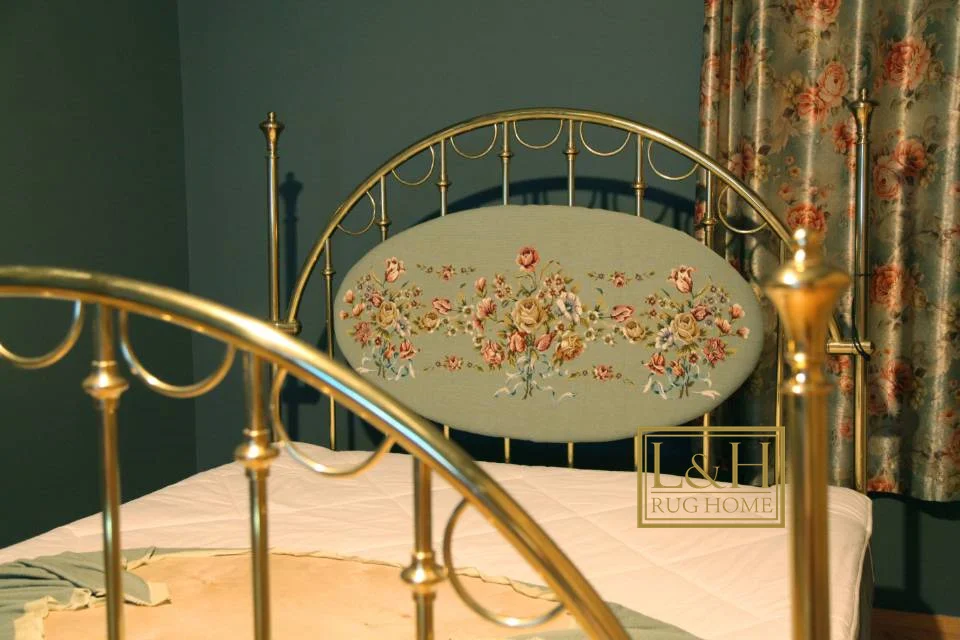 Antique copper bed, with needlepoint headboard, Antique handmade living room furniture all handmade bed, no point of weld