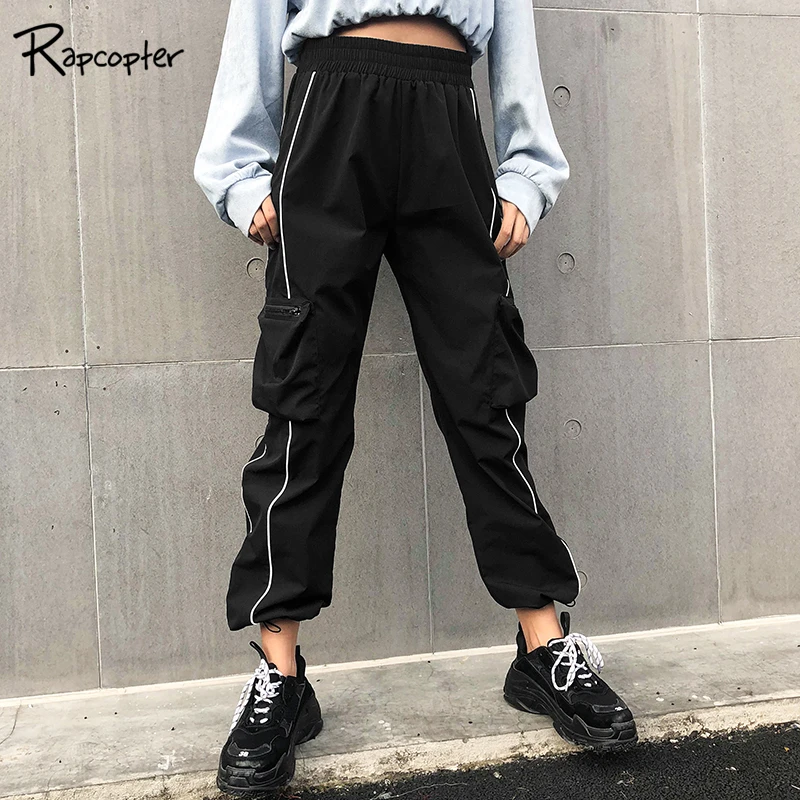 

Rapcopter Womens Casual Full Length High Waist Elastic Waist Cargo Pants Female Autumn Loose Pocket Woman Pop Pant Streetwear