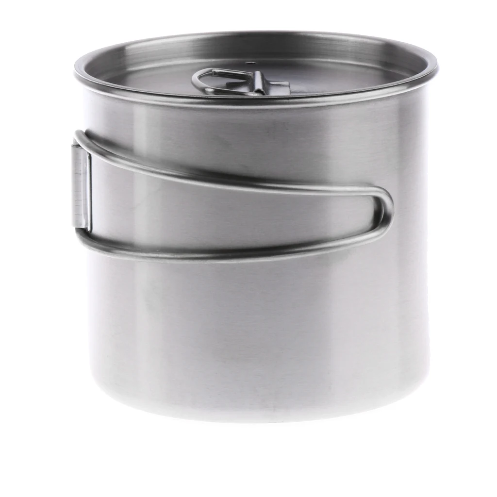 Stainless Steel Portable Camping Backpacking Cup Pot Alcohol Stove Cook Set with Vented Lid Folding Handle and Measurement Mark 