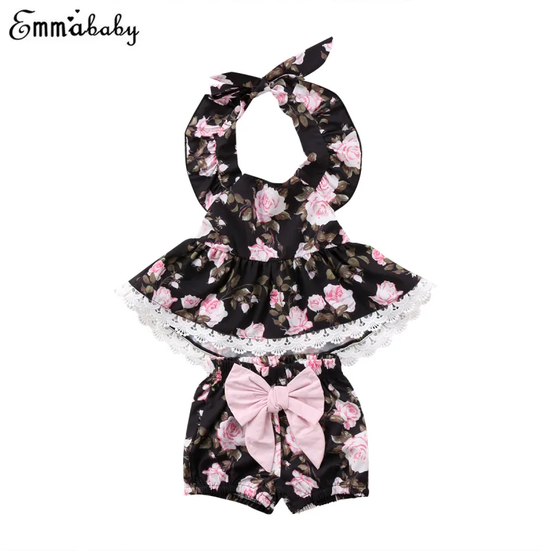 

Fashion 2pcs Set Baby Kid Girl Clothes Floral Print Casual Girls Dress T-shirt Halter Lace Top Bowknot Short Pants Girls Outfits