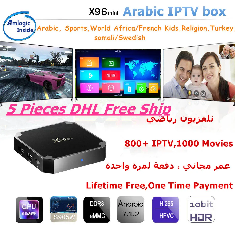 

5 Pieces DHL free X96Mini Arabic IPTV Box OS 7.1 4K Free Forever 800PlusTV with Swedish TV Africa French Somail IPTV Arabic ect