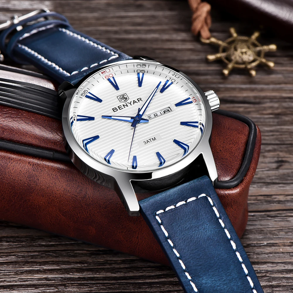 New Luxury Brand BENYAR Watches Men Leather Quartz Watch Fashion week Date Watch Reloj Hombre Sport Clock Male relogio Masculino