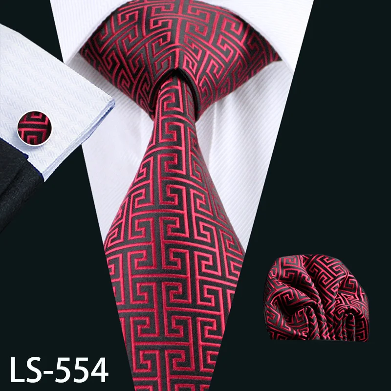 LS-704, мужской галстук, шелк, красный, в клетку, жаккардовый, тканый, свадебный галстук, Barry.Wang, Hanky, запонки, набор, галстук для мужчин, деловые, вечерние - Цвет: LS-554