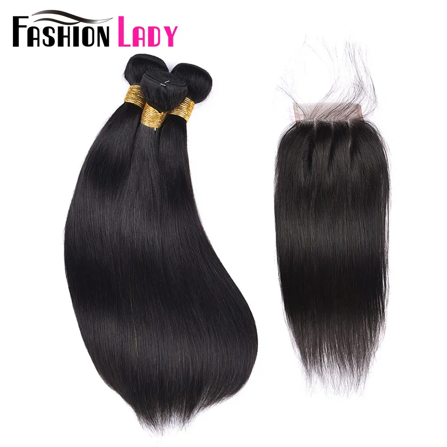FASHION LADY Pre-Colored Brazilian Straight Hair 3Bundles With Middle Part Lace Closure Non-Remy Human Hair Bundle With Closure