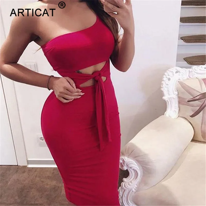 Articat Off одно плечо Sexy Bodycon трикотажные Осень платье Для женщин выдалбливают бинты