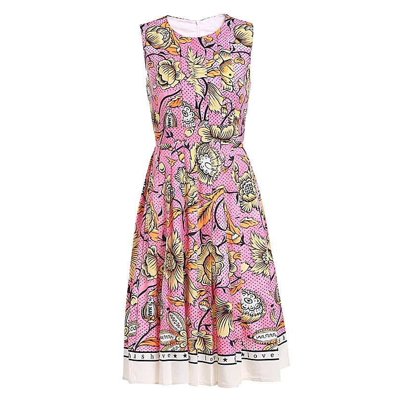 

XF Summer Dress 2019 Bohemian Holiday Leisure Flower Print Sleeveless High Waist Pleated Floral Dresses High Quality Vestidos