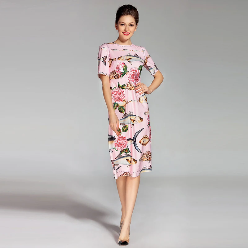 

Customize Women Summer Fashion Casual Plus Size 3XS-10XL Pink/White Roses and Fishes Print Bodycon Midi Pencil Dresses