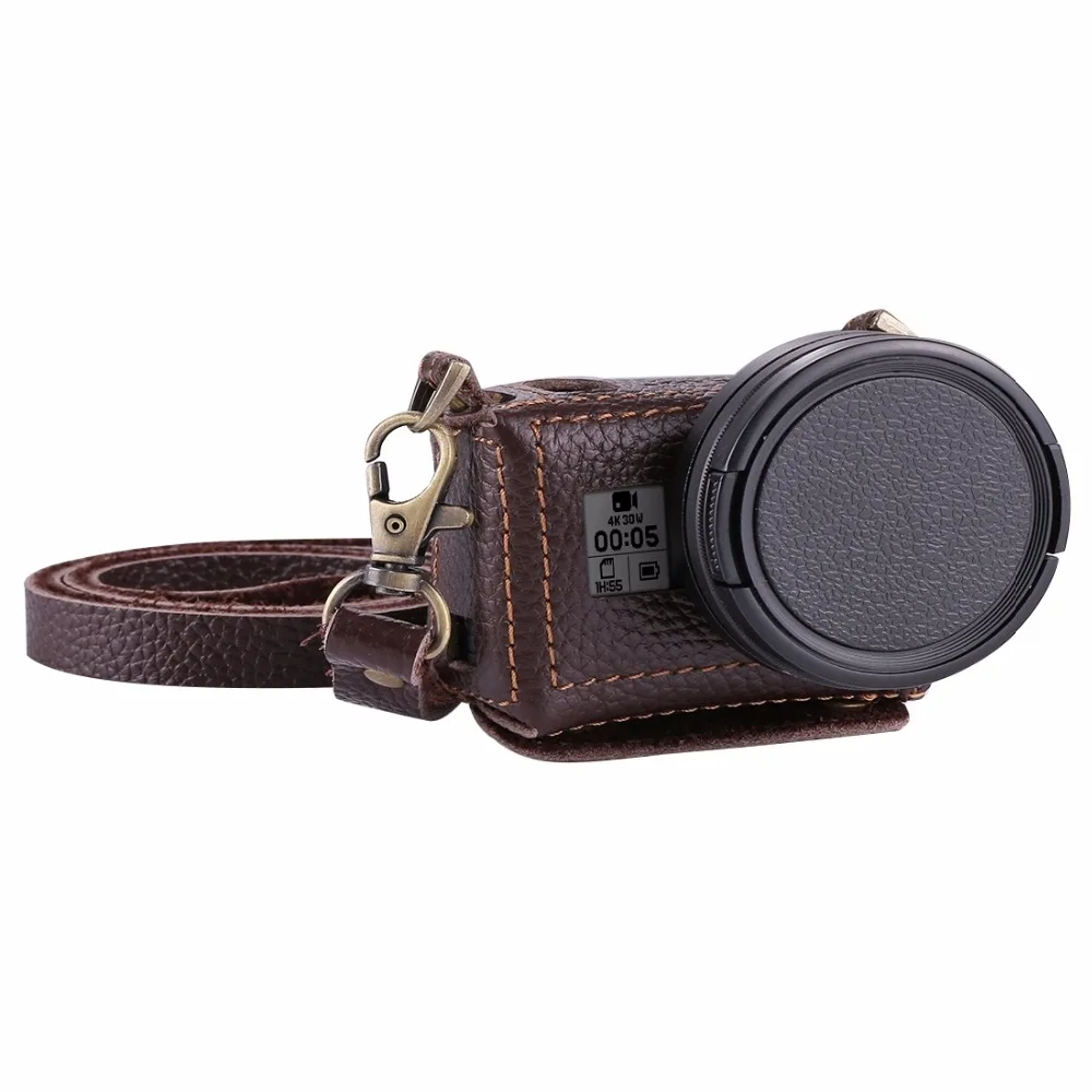 

PULUZ for GoPro HERO7 Black /6 /5 Litchi Texture Genuine Leather Housing Case with Set Key Hole & Neck Strap & 52mm UV Lens