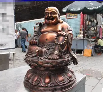 

China Temple Red Bronze Copper Happy Laughter Ruyi Maitreya Lotus Buddha Statue