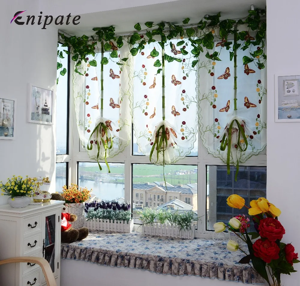 

Enipate Butterfly Embroidery Tulle for Window Roman Shades Blinds Curtain Living Room Balcony Pastoral Tulle Window Curtain