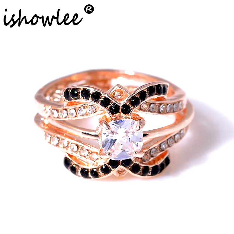 

ISHOWLEE Crystal Rose Gold 585 Rings Set for Women Trendy Pave Setting Zircon Stackable Rings with Stones Luxury Jewelry jzb22