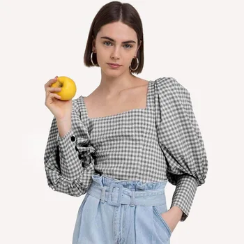 

women tops plaid casual puff sleeve square collar blouse