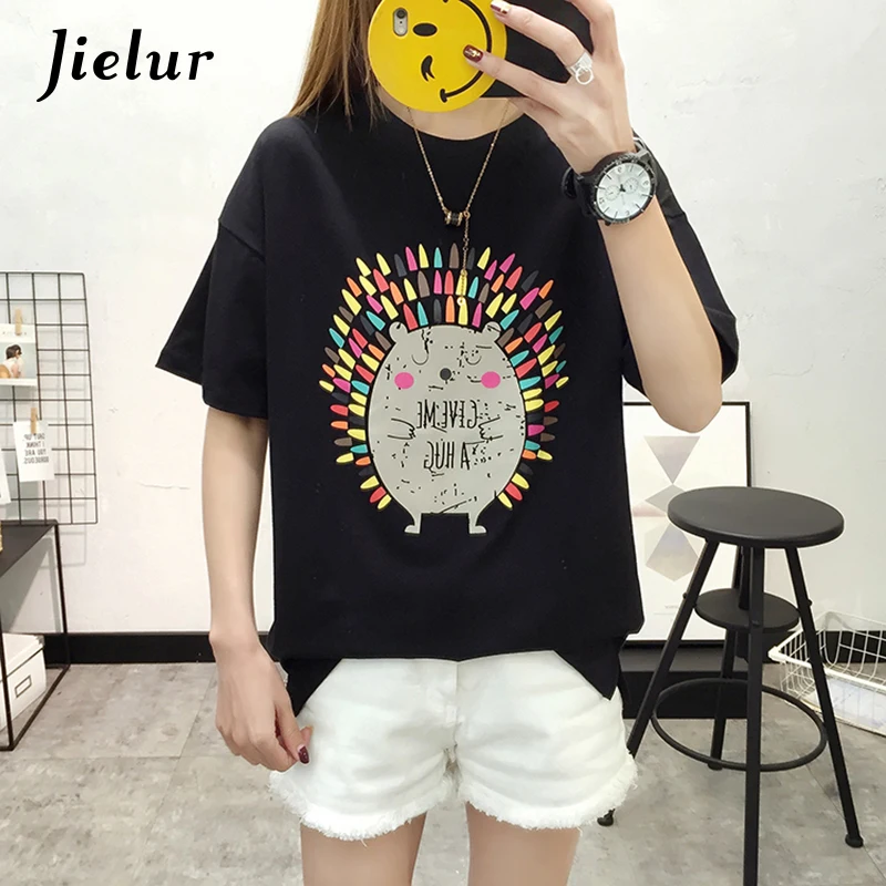 Jielur 5 цветов мультфильм Ежик печатных футболки для женщин Корейский шик короткий
