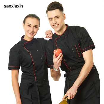 

Unisex Kitchen hotel Chef Uniform Bakery Food Service Cook Short Sleeve shirt Breathable Double Breasted men Chef Jacket clothes