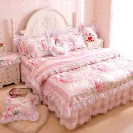 

WINLIFE Romantic Flower Print Bedding Set,Floral Bed Set,Princess Lace Ruffle Duvet Cover King Queen Twin,4Pcs