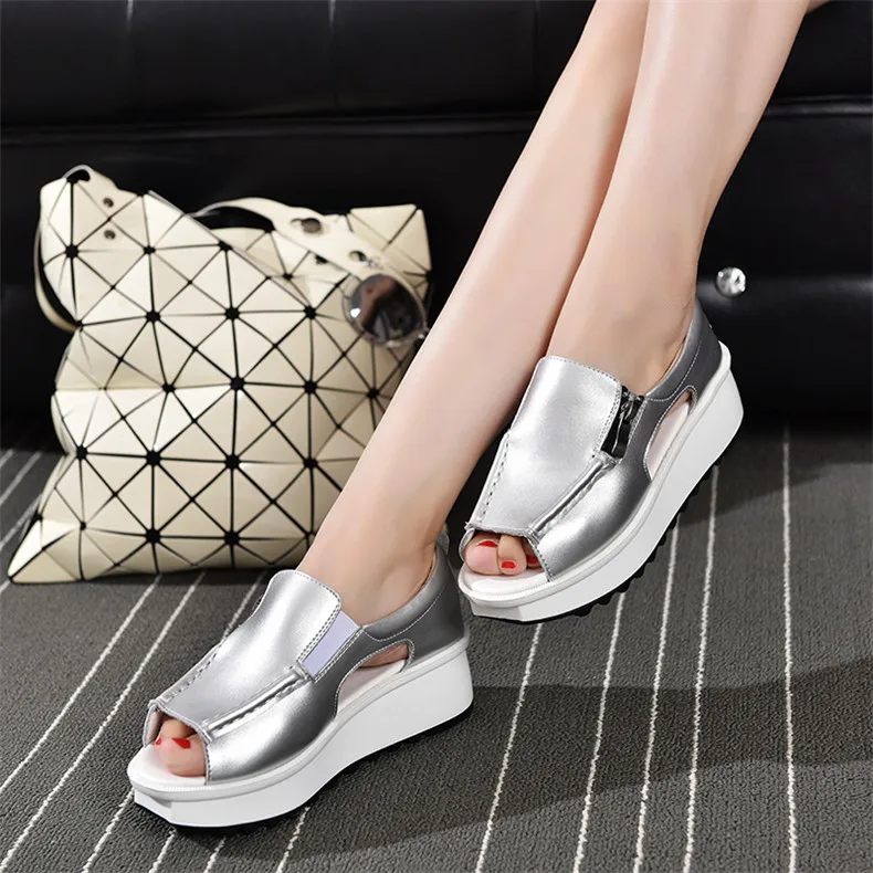 2019 Fashion Summer Women Sandals Wedges Sandals Ladies Open Toe Round Toe Zipper Silver White Platform Sandals Shoes (10)