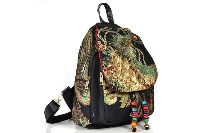 Mochila feminina bordada e vintage, bolsa de