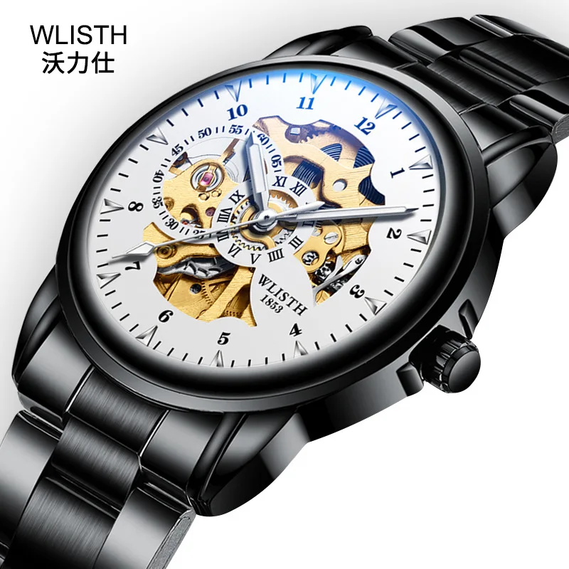 Для мужчин кварцевые часы от топ бренда класса люкс wlisth бренд механический метроном для час Erkek Kol Saati световой черный каркасные часы с автоматическим подзаводом