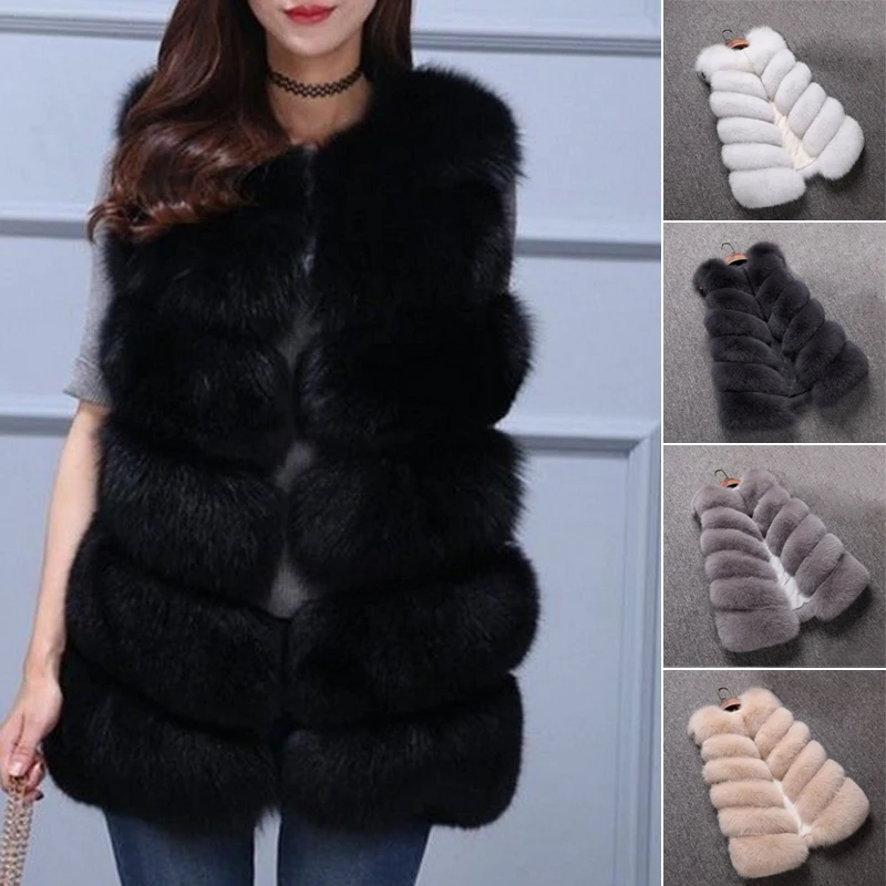 4 Style Women Faux Fur Vest Coat Winter Thick Warm Luxury Fox Fur Jacket Outwear Gilet Ladies Hairy Overcoat Colete Feminino