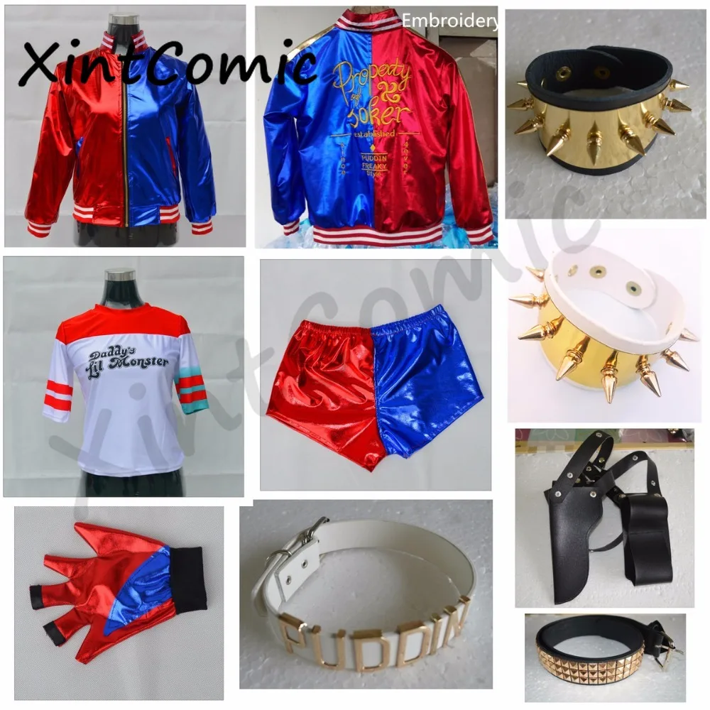 

Suicide Squad Batman cosplay Costumes harley quinn Monster T Shirt Top Jacket Pants Wrist guards Accessories Full Set