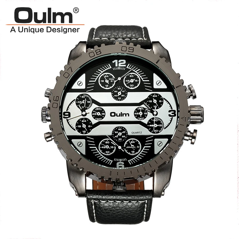 

OULM 3233 Men's Watches Aviator Military Quartz Watch Clock Wristwatch Leather Strap 4 Time Zone Oversize Montre Homme