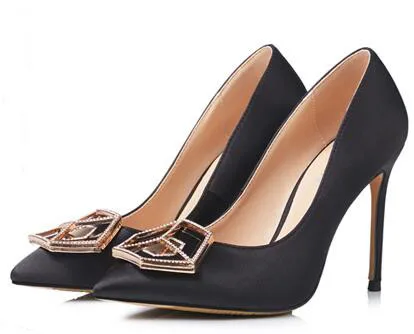 

Black multipurpose pointed toe high heel pumps for women Fashion shallow square button thin heel shoes Red wedding shoes