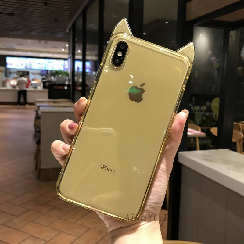 Мягкий чехол с бриллиантами для iphone X XS MAX XR 10 6 6s 7 8 Plus, милый блестящий прозрачный ТПУ силиконовый чехол с кошачьими ушками, защита от падения