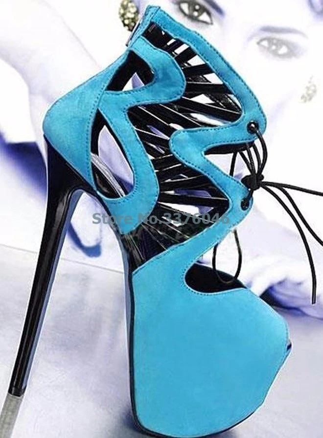 

Blue Black Purple Red Suede Sky High Heel Sandals Peep Toe Hollow Out Lace Up Stiletto Heels Party Shoes Sexy Thin High Heels