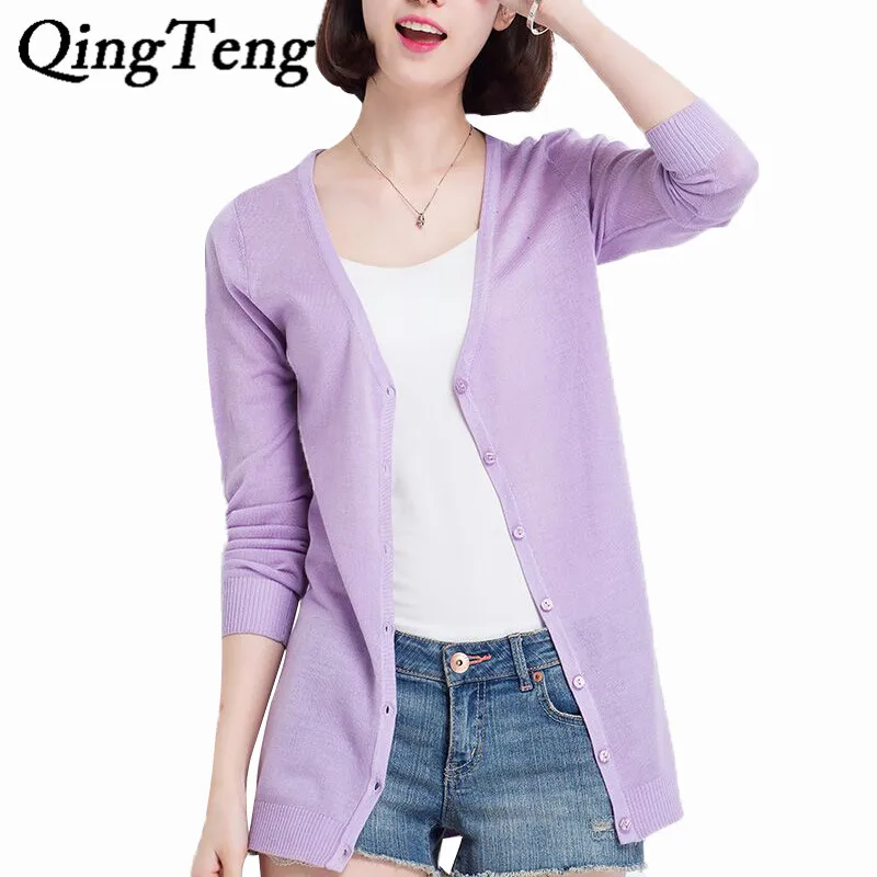 Online Buy Wholesale Summer Cardigan Sweaters From China Summer QingTeng Summer Long Knitted Cardigan Female Solid Sun Protect Long Sleeve Thin Summer V Neck Cardigan - Online Buy Wholesale Summer Cardigan Sweaters From China Summer