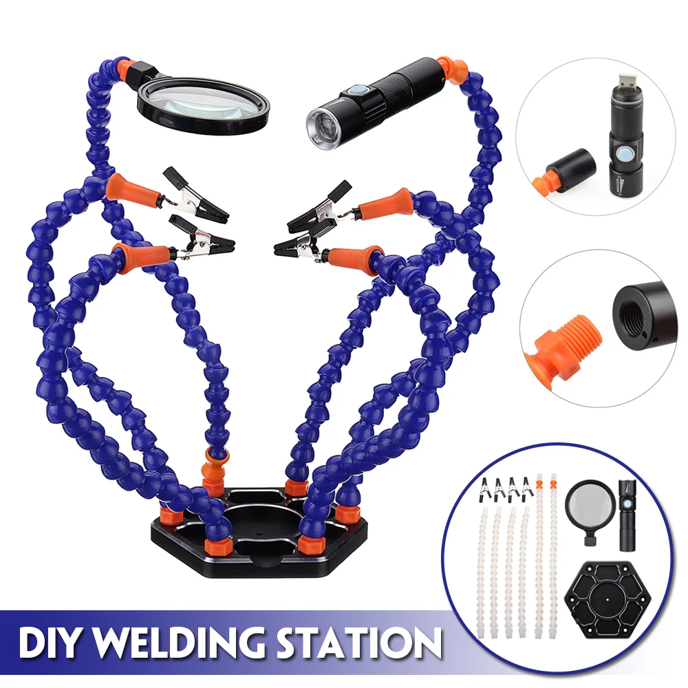 

Flashlight + Magnifier 6 Flexible Arms Helping Hands Soldering Tool Set Six Arm Soldering Station Swiveling Alligator Clip Kit