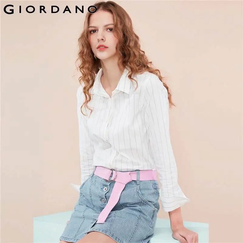 

Giordano Women Blouse Women Oxford Cotton Spandex Fabric Slim Fit Blouse Women Stretchy Round Hem Long Sleeve Blusas Femininas