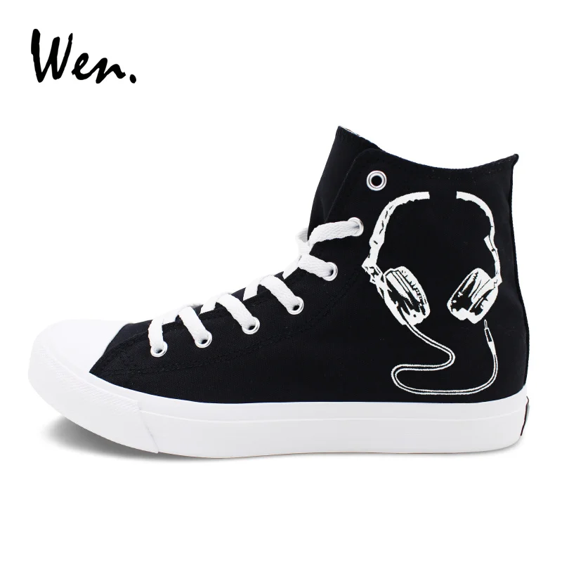 

Wen Original Design Graffiti Shoes Microphone Earphone Hand Painted Canvas Shoes Black Sneaker Women Men High-Top Plimsolls