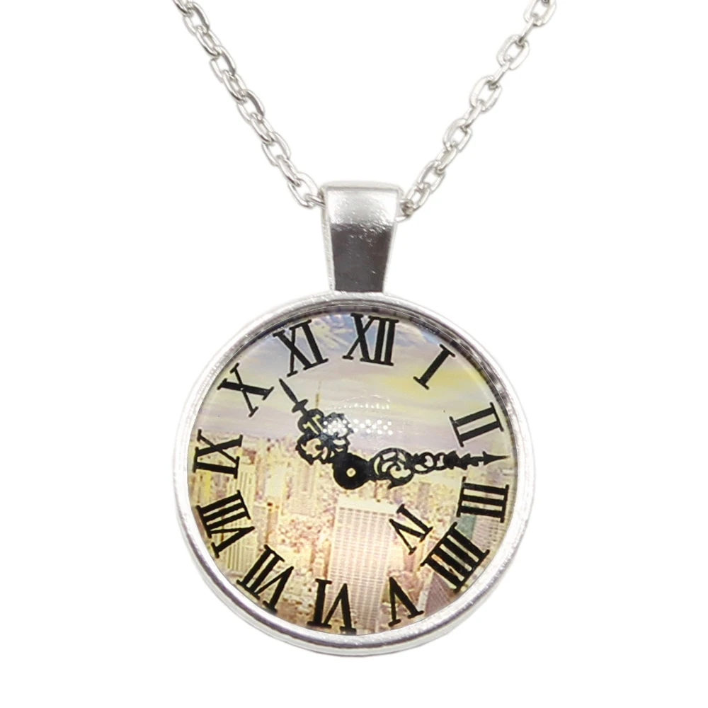 Ladies Short Long Chain Jewelry Necklace Crystal vintage building clock