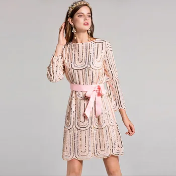 

New Arrival 2019 Spring Women's O Neck Luxury Sequined Elegant 3/4 Sleeves Prom Runway Dresses with Sash Bow Belt