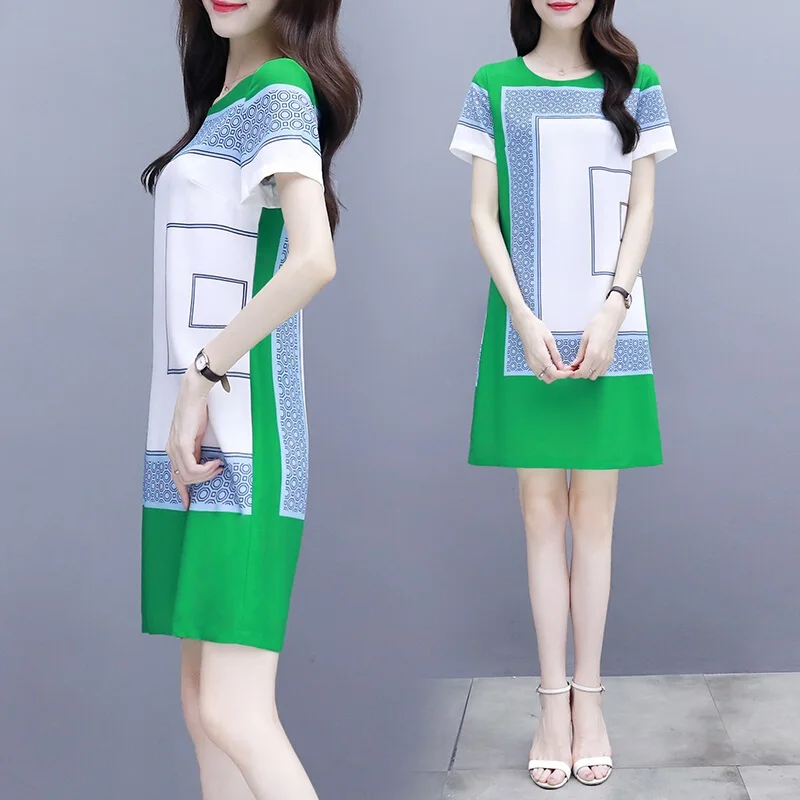 

Dresses Summer Fashion Europe Vintage Geometric Green Print dress Women's OL Elegant Woman Ladies Long Blousa Tops NS777