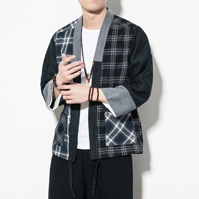FUODRAO Japan Style Kimono Coats Men Harajuku Streetwear Plaid Patchwork Casual Jacket Men Open Stitch Vintage Jacket J112 FUODRAO Japan Style Kimono Coats Men Harajuku Streetwear Plaid Patchwork Casual Jacket Men Open Stitch Vintage Jacket J112