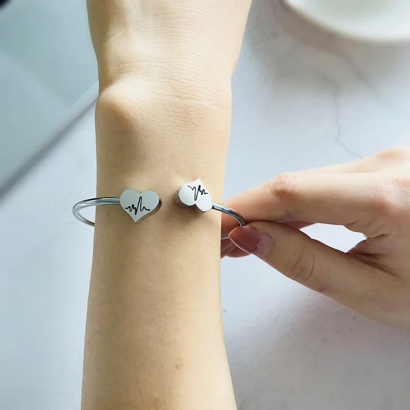 Heart Charms Cardiogram Bangle for Women Cuff Bracelets Heart Beat Stainless Steel Trendy Elegant Female Jewelry Pulseira