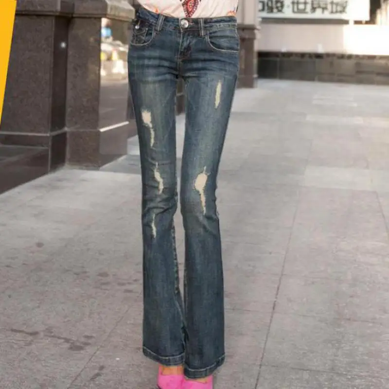 Для женщин Джинсы для Высокая Талия рваные джинсы клеш Брюки девочек джинсовые