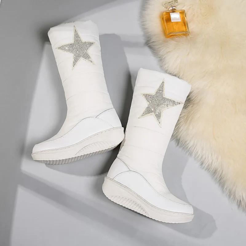 Зимняя женская обувь зимние сапоги до середины икры с круглым носком, кристаллическая звезда, без шнуровки, на сплошной танкетке, на платформе, с плюшевой подкладкой