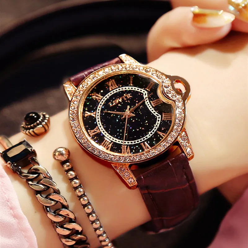

Hot selling new ladies watch crystal starry face quartz waterproof belt trend watch Buckle 30 meters waterproof Fashion & Casual