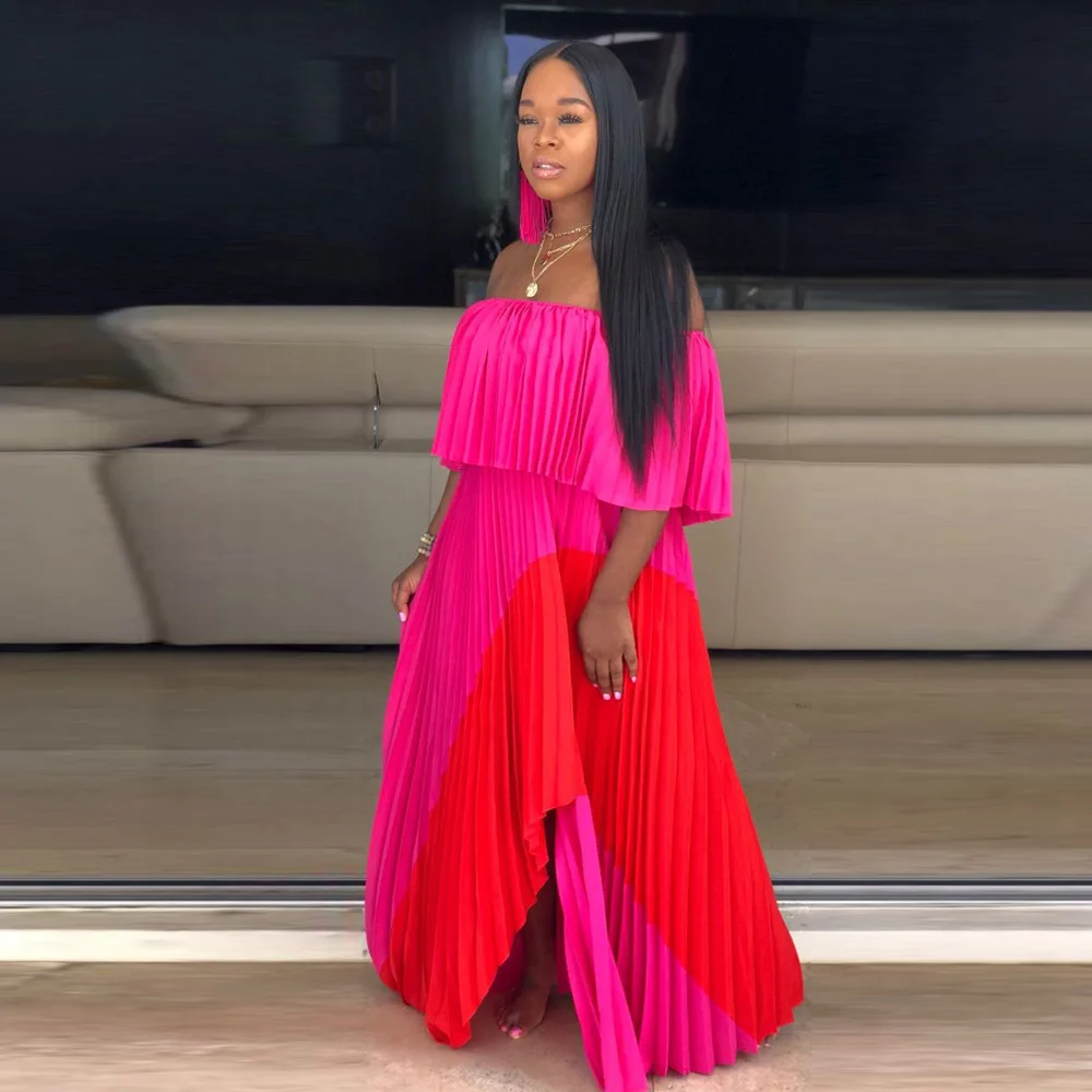 Adogirl цвет лоскутное Макси элегантное плиссированное платье для женщин Slash шеи рюшами с открытыми плечами длинное вечернее платье Модная одежда - Цвет: rosy dress