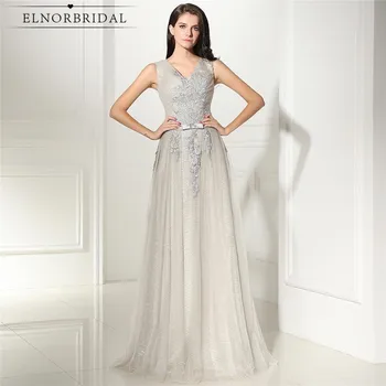

Vintage Silver Evening Dresses Long 2020 Vestido De Festa V Neck Formal Women Celebrity Prom Dress A Line Party Gowns