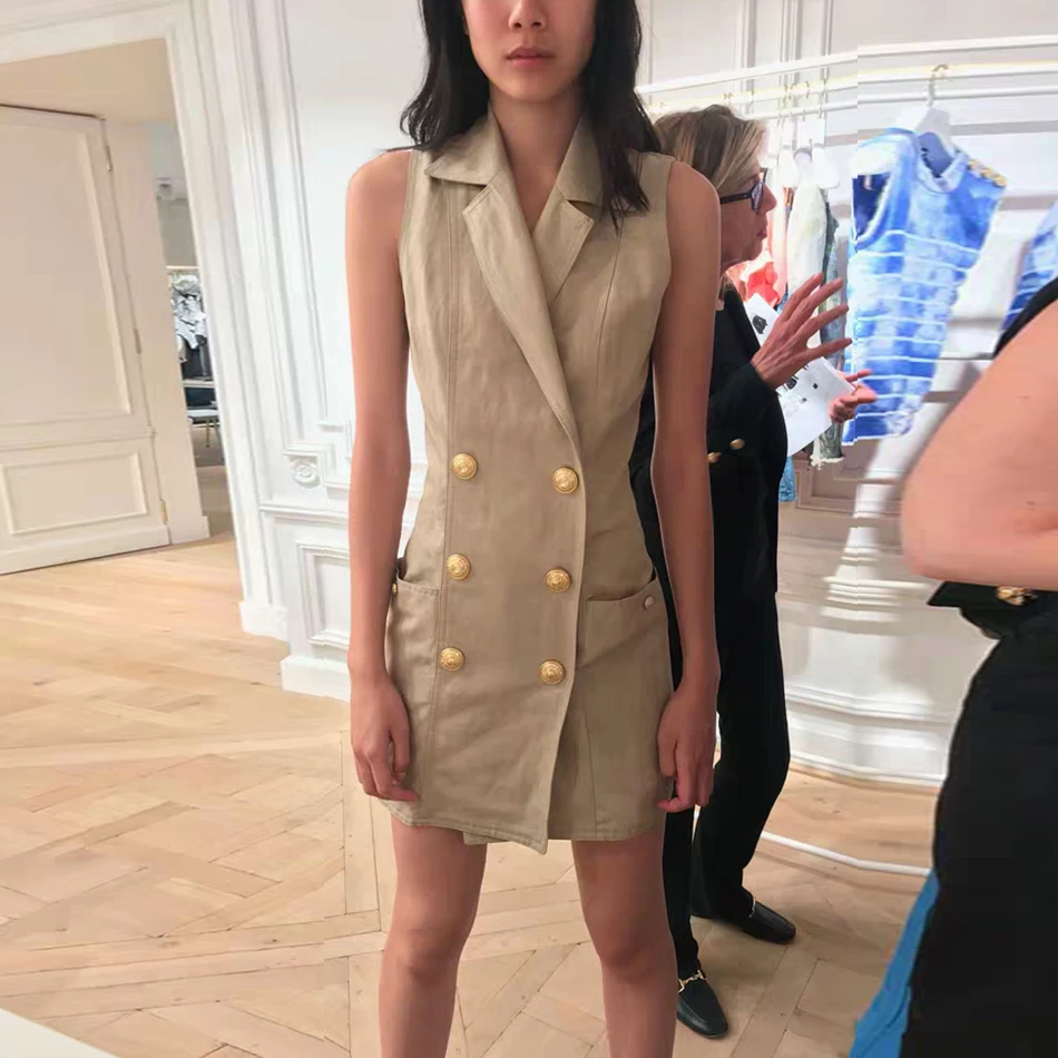 

2019 New Designer Khaki Dress Double-breasted Classic Buckle Office Ladies Summer Slim Suit Sleeveless Women Dress Vestidos