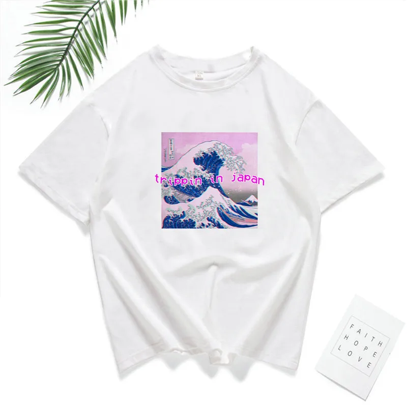 

Great Wave Print Letter Trippin in japan T Shirt Women White Casual Harajuku T-Shirt Summer 2019 Fashion Graphic Tee Shirt