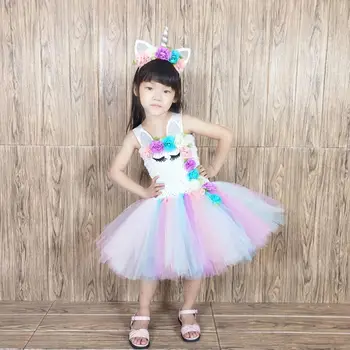 

Summer Unicorn Baby Girl Tutu Dress Princess Girls Birthday Dress Newborn Rainbow Baby Girl Clothes Dress with Flowers 2009